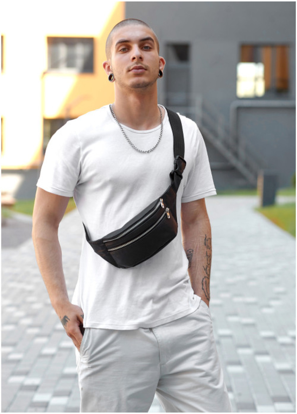 Чоловіча сумка на пояс бананка шкіряна Sambag Tirso  BTS чорний