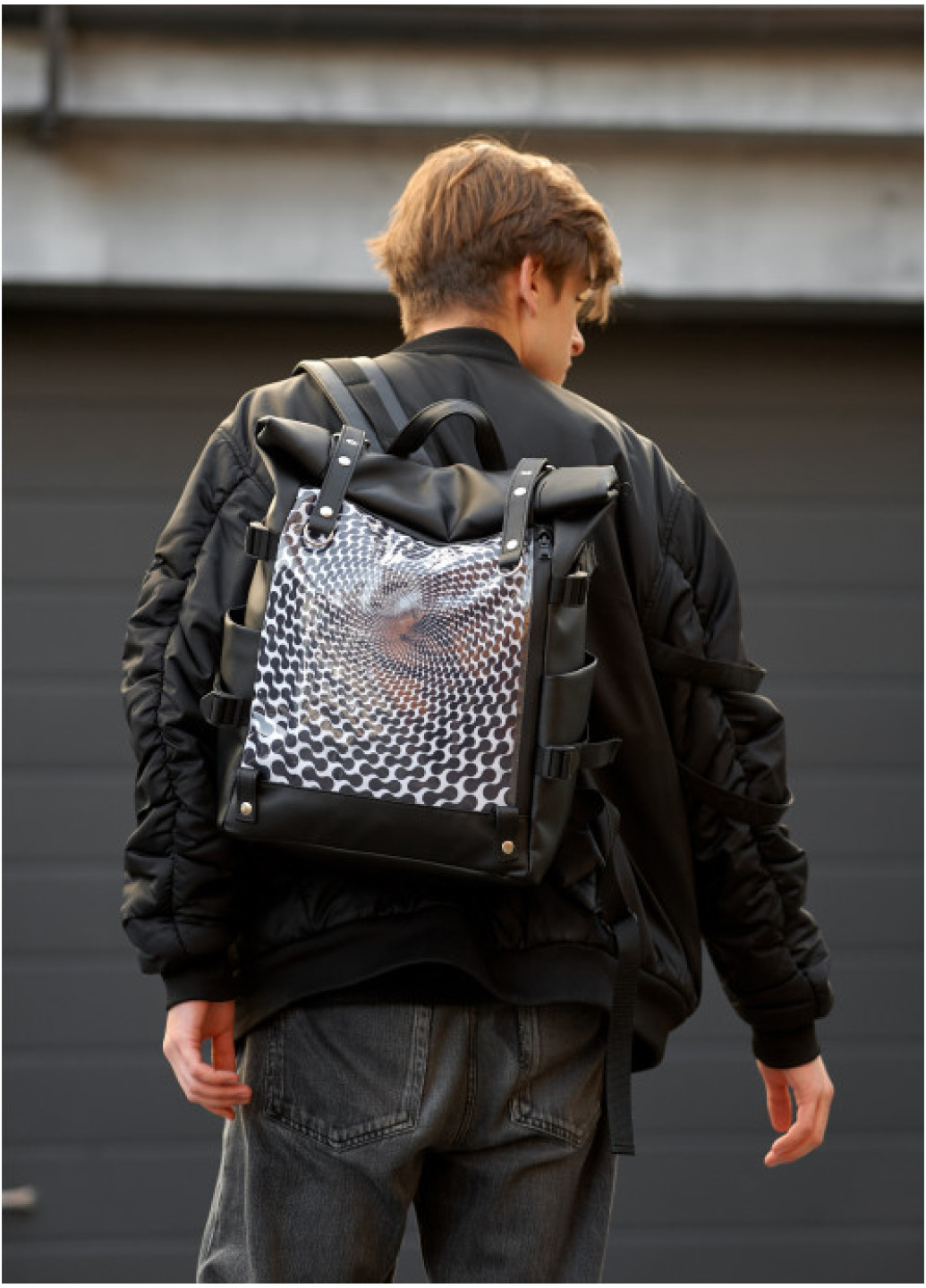 Чоловічий рюкзак Sambag RollTop Hacking чорний принт 
