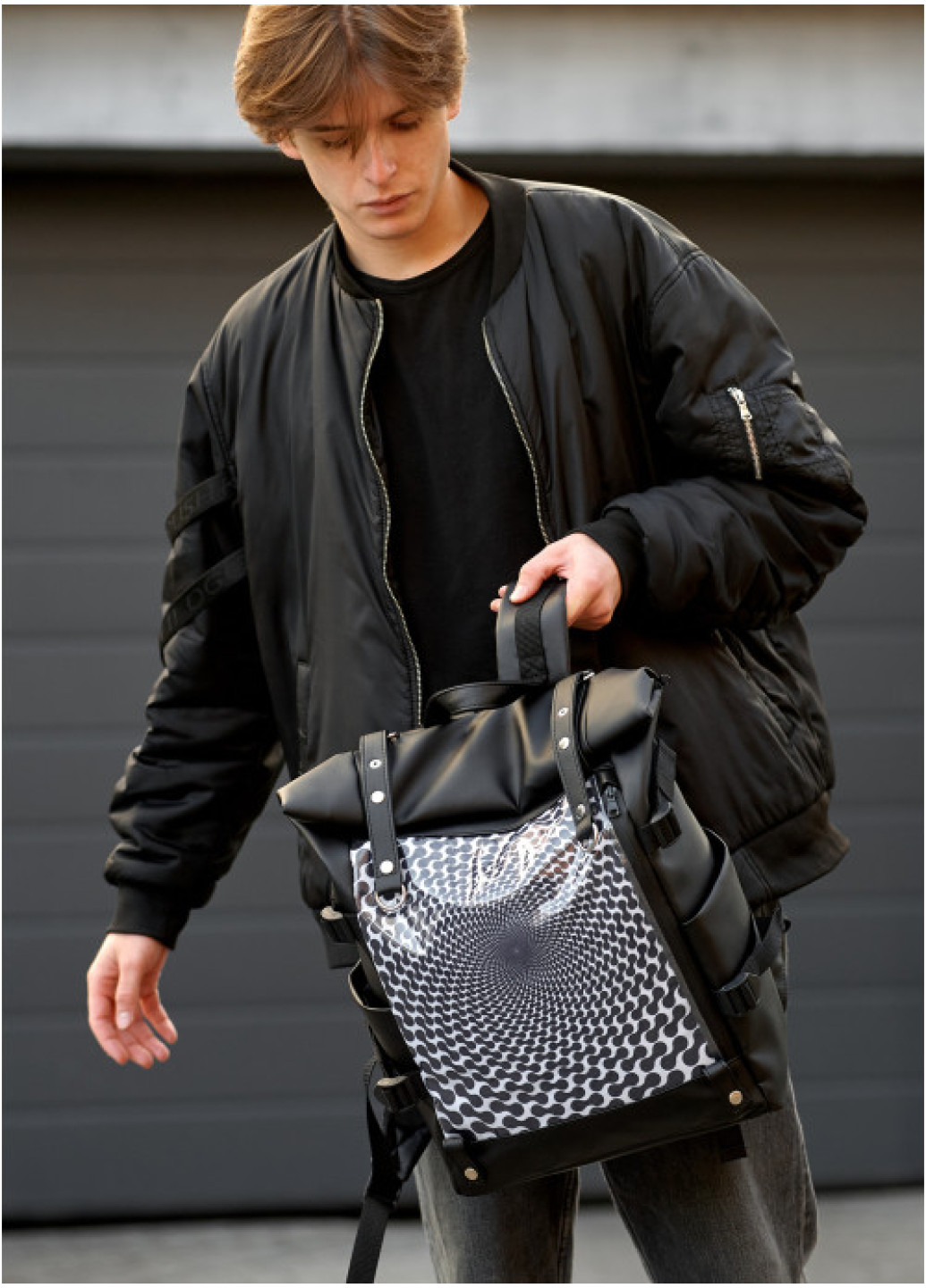 Чоловічий рюкзак Sambag RollTop Hacking чорний принт 