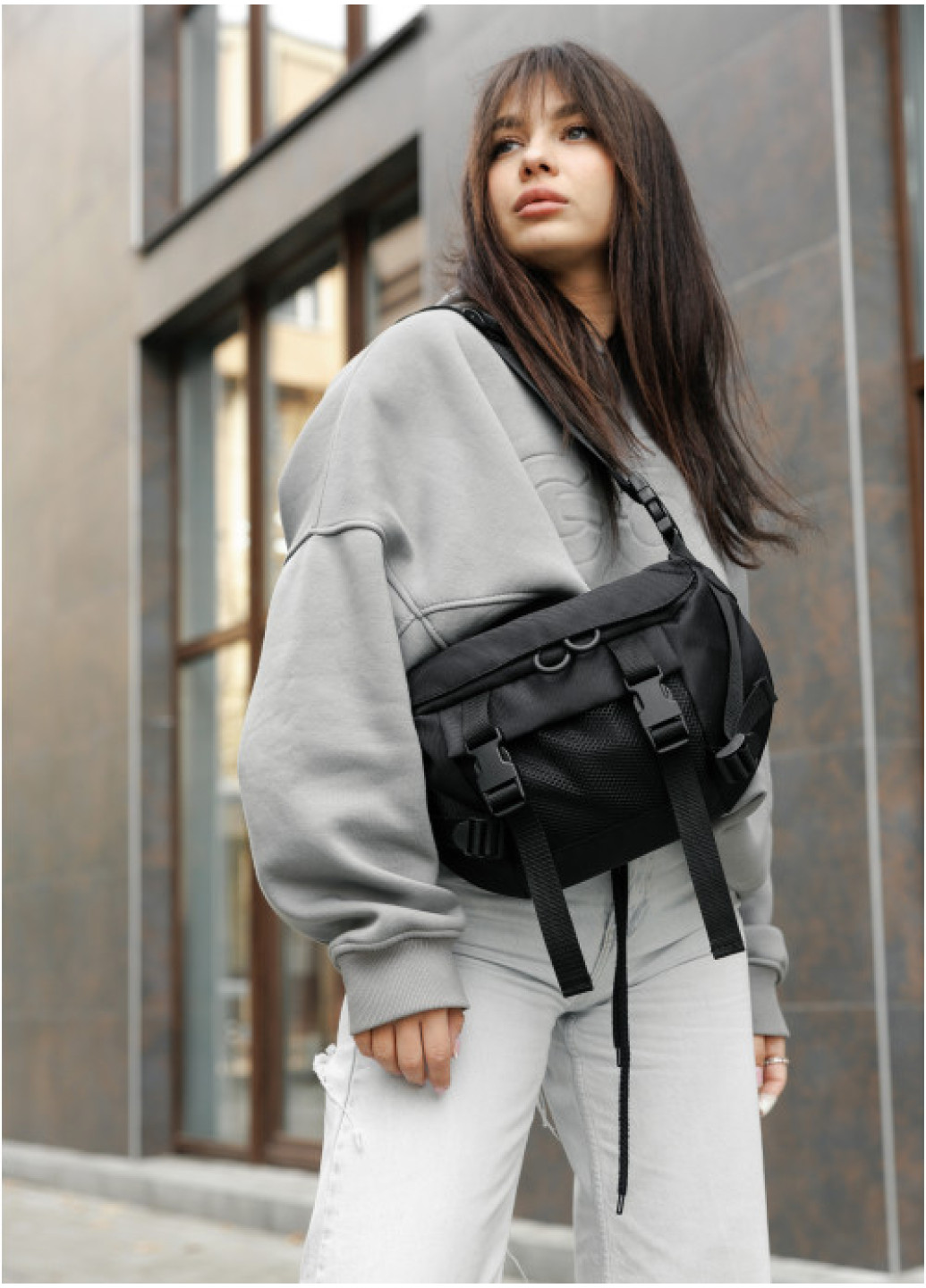 Велика жіноча поясна сумка бананка Sambag DynamicDart чорна тканева