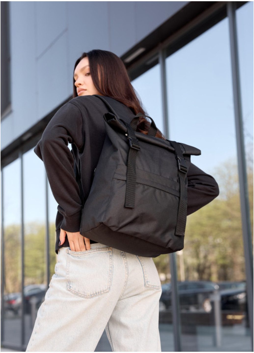 Жіночий рюкзак ролл Sambag RollTop Milton чорний тканевий