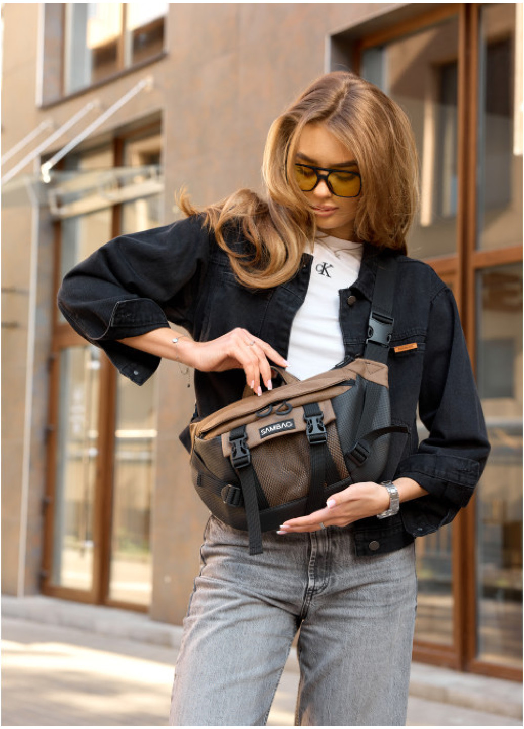 Велика жіноча поясна сумка бананка для планшета Sambag DynamicDart горіх