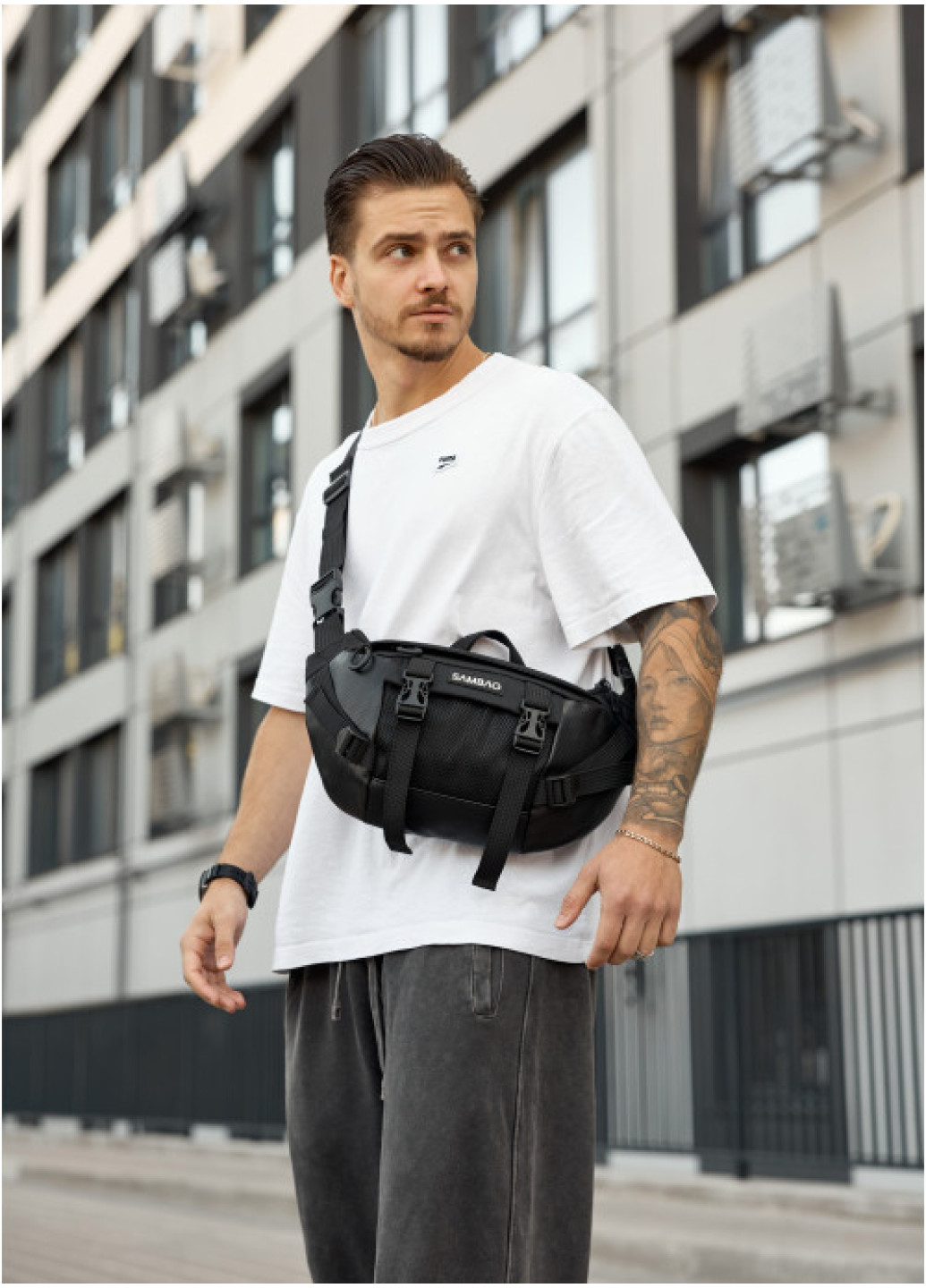 Велика чоловіча поясна сумка бананка для планшета Sambag DynamicDart чорна тканева