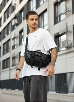 Велика чоловіча поясна сумка бананка для планшета Sambag DynamicDart чорна тканева