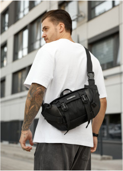 Велика чоловіча поясна сумка бананка для планшета Sambag DynamicDart чорна тканева