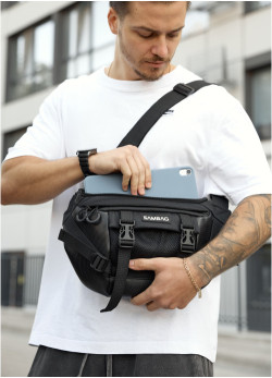 Велика чоловіча поясна сумка бананка для планшета Sambag DynamicDart чорна тканева