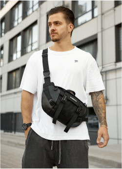 Велика чоловіча поясна сумка бананка для планшета Sambag DynamicDart чорна тканева