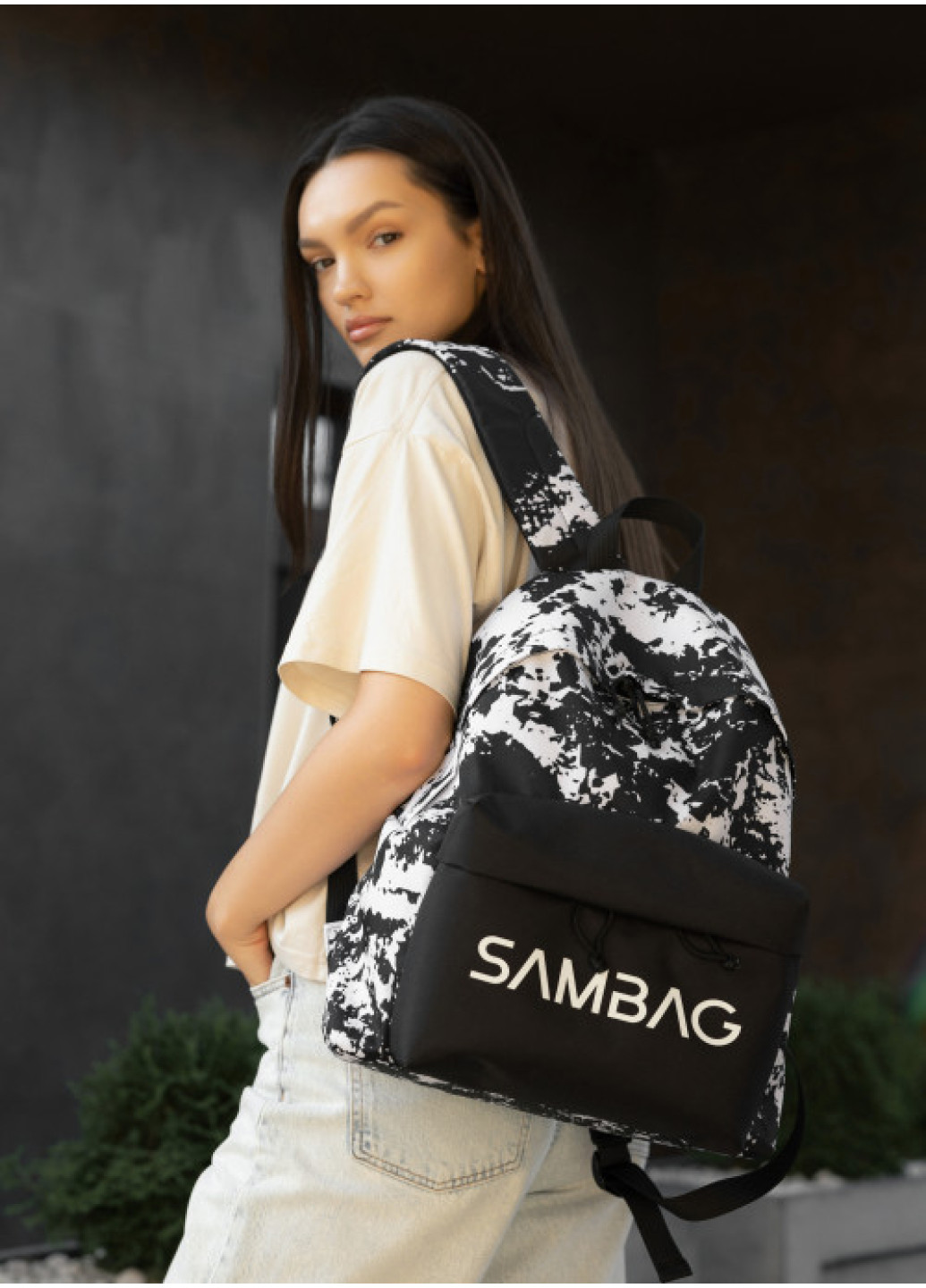 Жіночий рюкзак Sambag Active чорний тканевий з принтом 