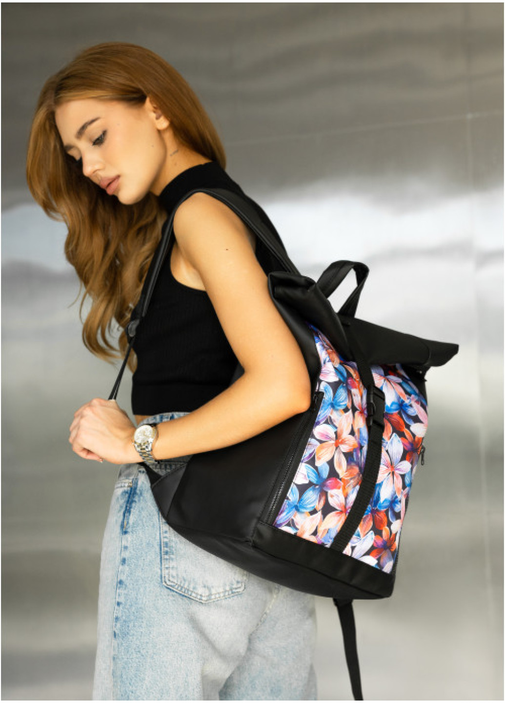 Жіночий рюкзак Sambag Roll Top One чорний принт 