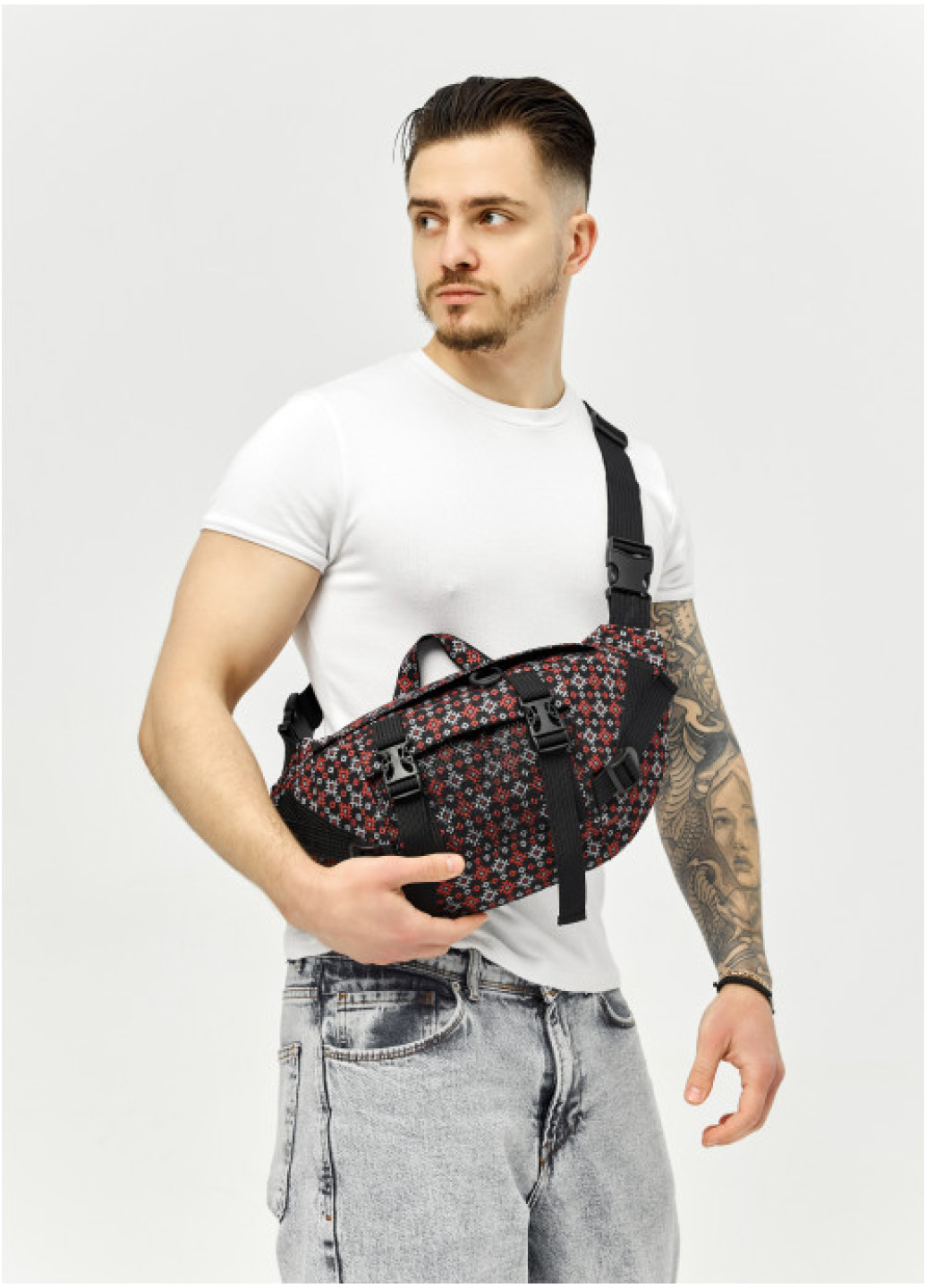 Велика чоловіча поясна сумка бананка Sambag DynamicDart чорна тканева принт