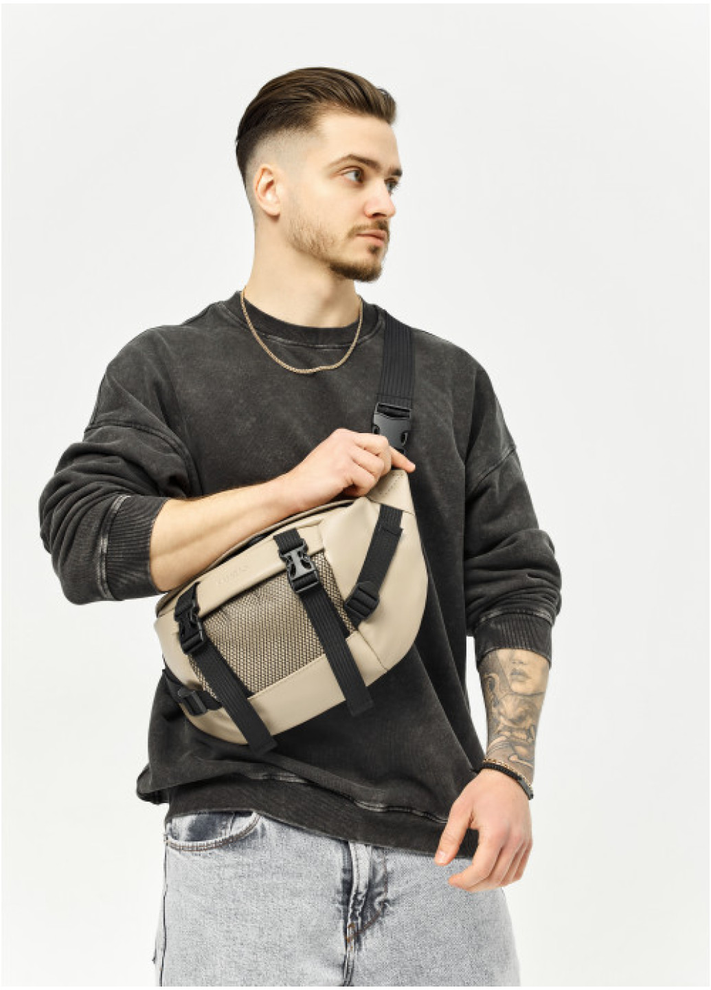 Велика шкіряна чоловіча поясна сумка бананка Sambag DynamicDart сіра