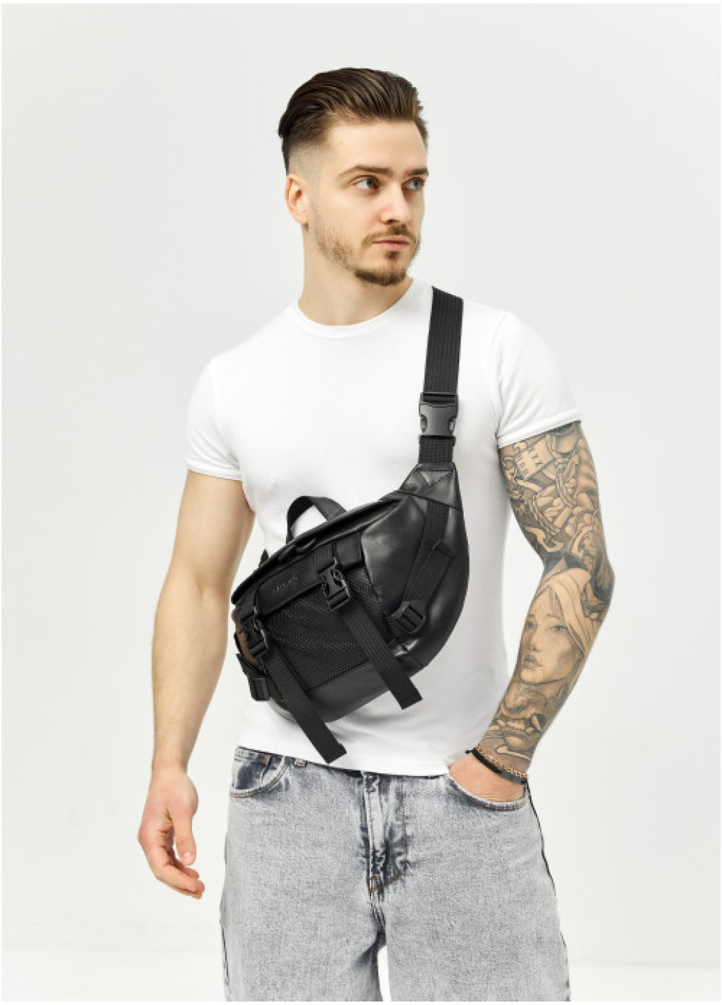 Велика шкіряна чоловіча поясна сумка бананка Sambag DynamicDart чорна