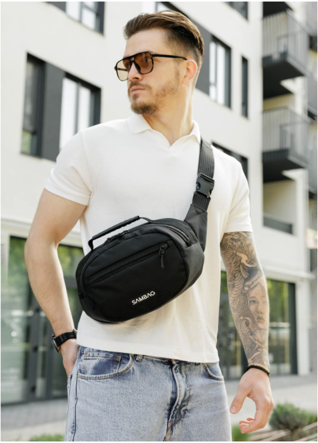 Сумка через плече бананка Sambag Flex чорна тканева