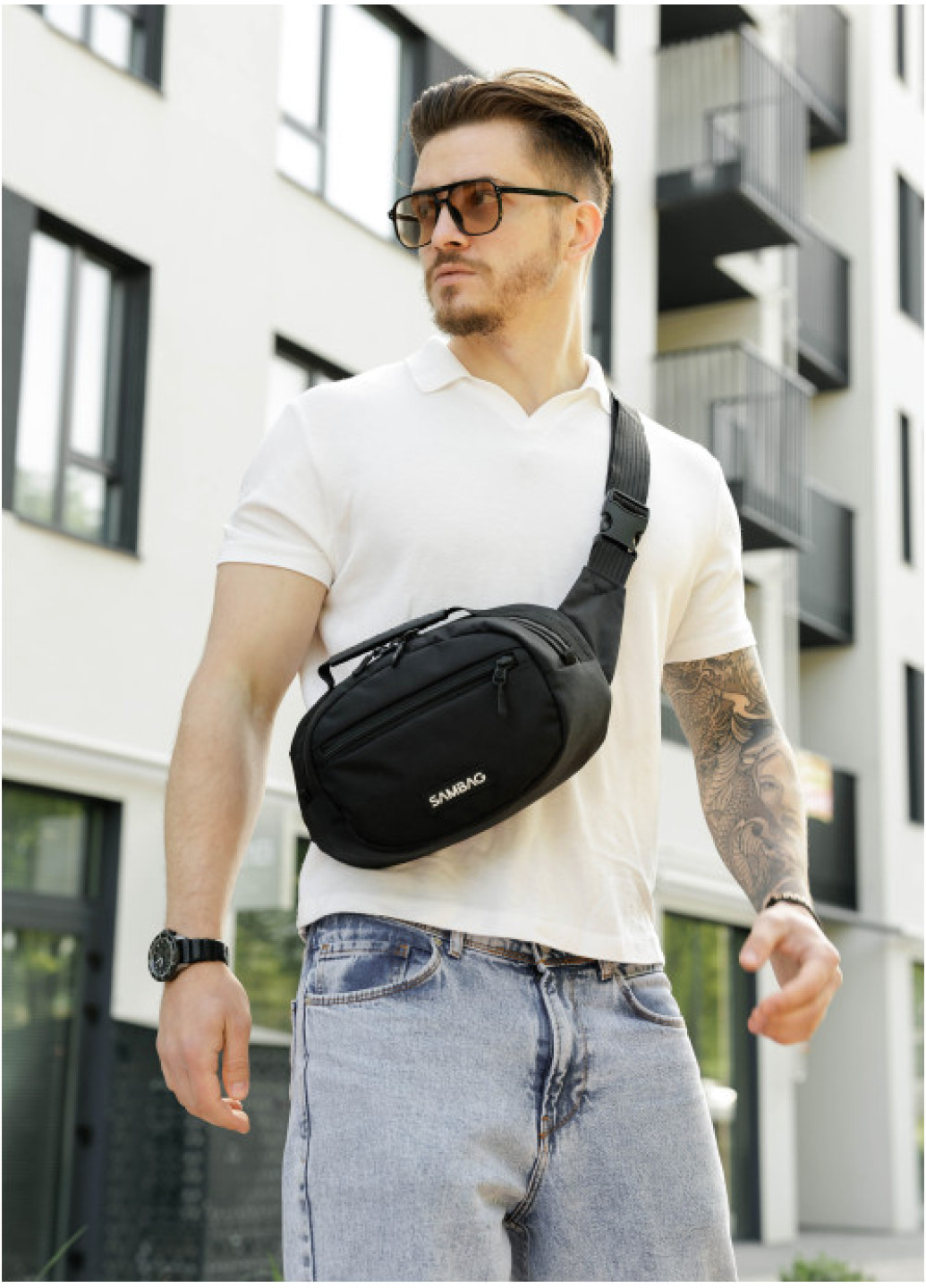 Сумка через плече бананка Sambag Flex чорна тканева