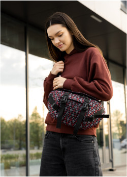 Велика жіноча поясна сумка бананка Sambag DynamicDart чорна тканева принт