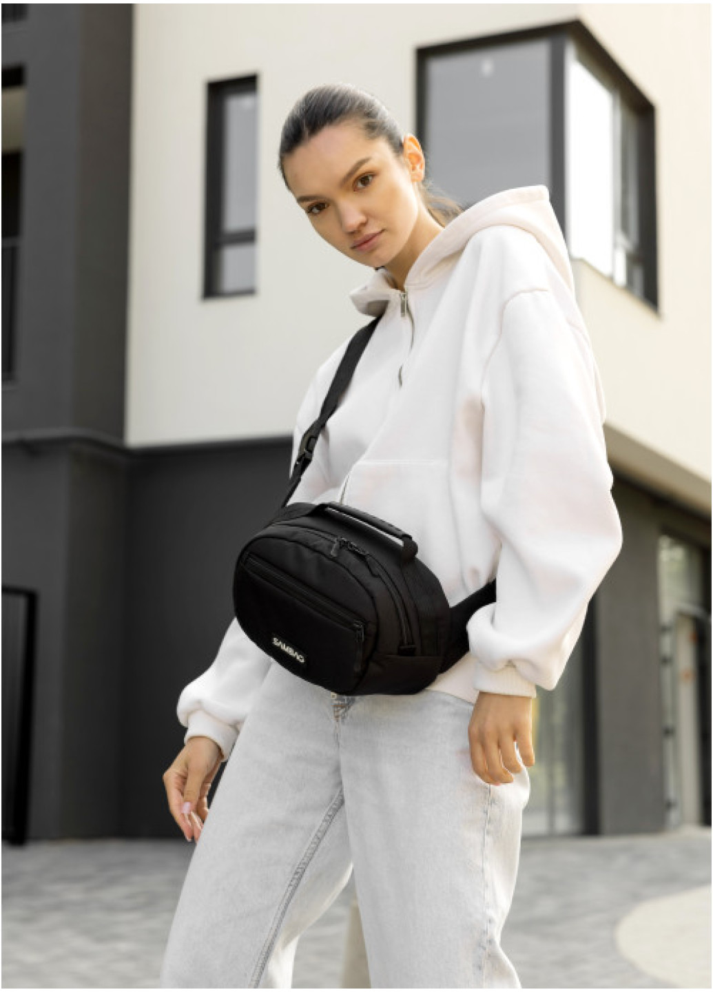 Жіноча сумка через плече бананка Sambag Flex чорна тканева