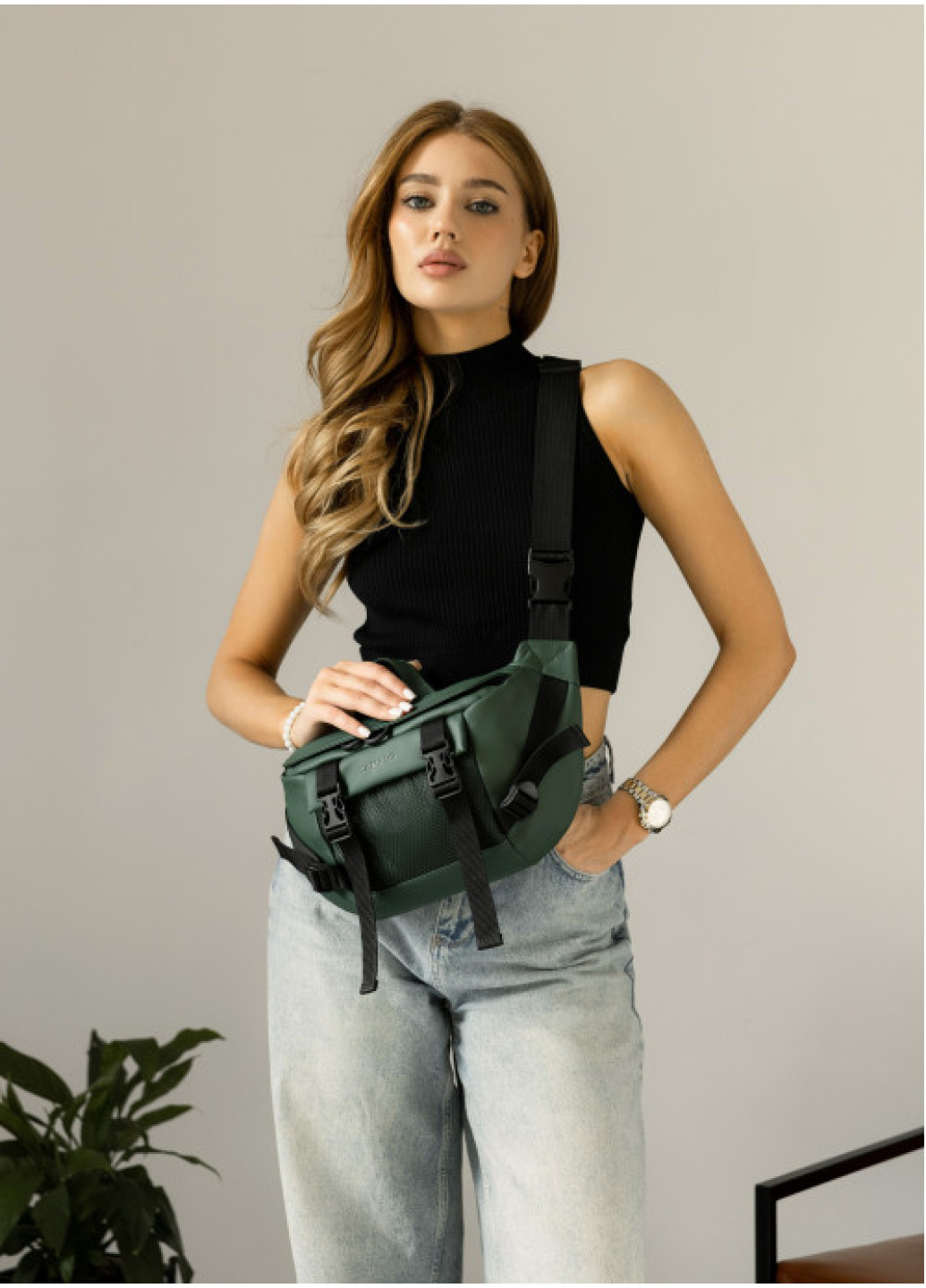 Велика жіноча поясна сумка бананка Sambag DynamicDart зелена