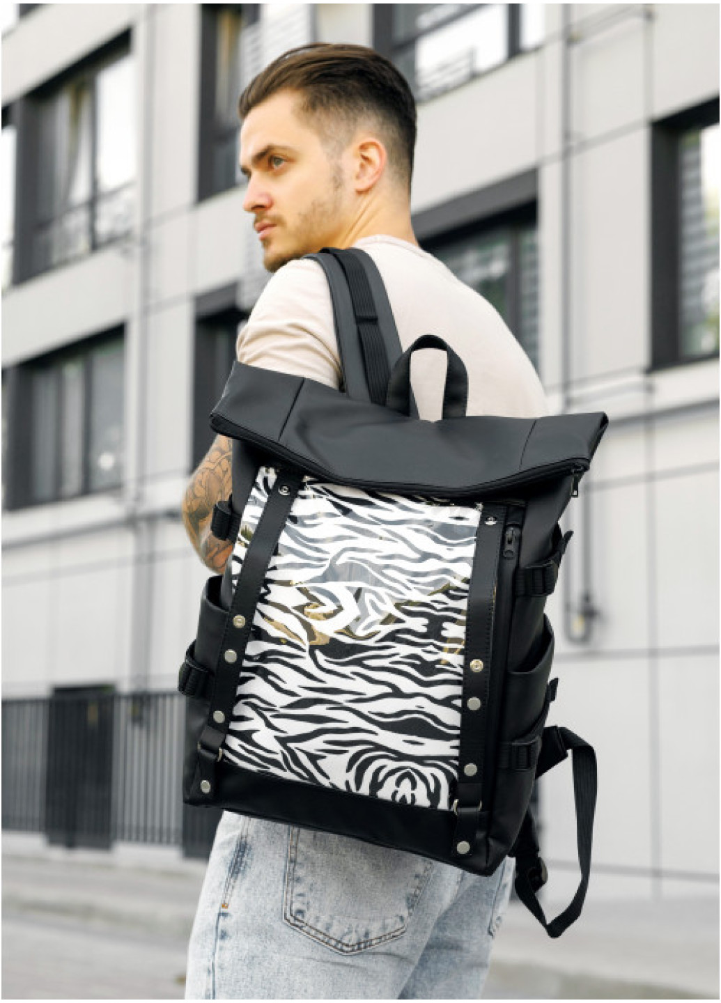 Чоловічий рюкзак Sambag RollTop Hacking чорний принт 