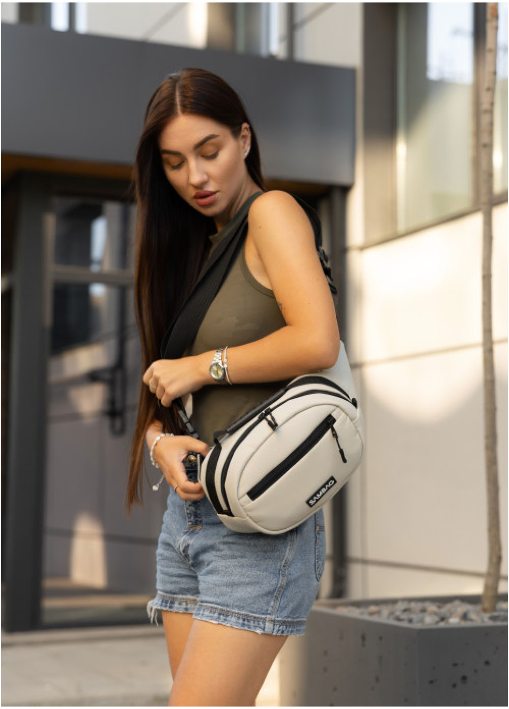 Сумка через плече жіноча бананка Sambag Flex сіра