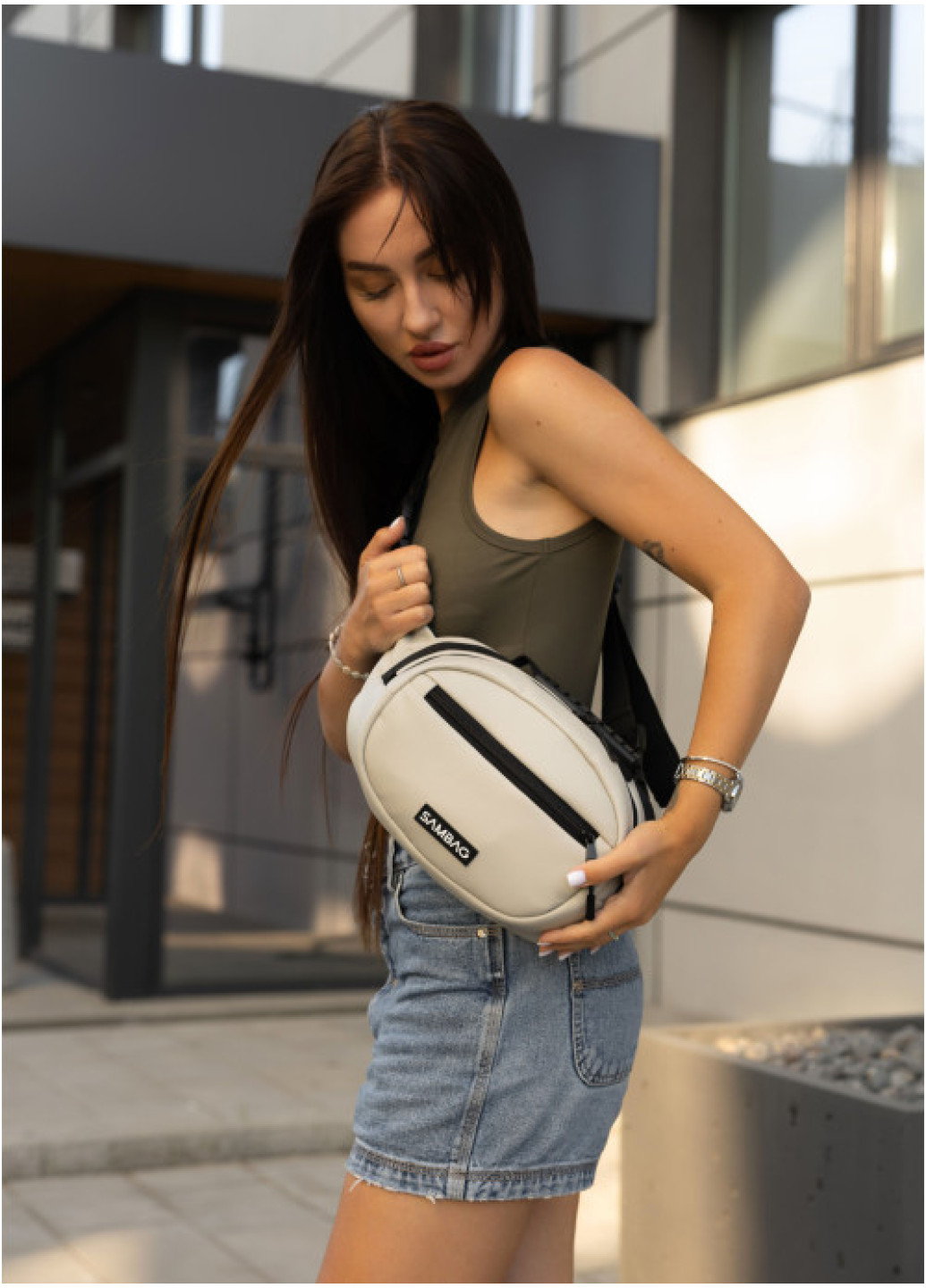 Сумка через плече жіноча бананка Sambag Flex сіра