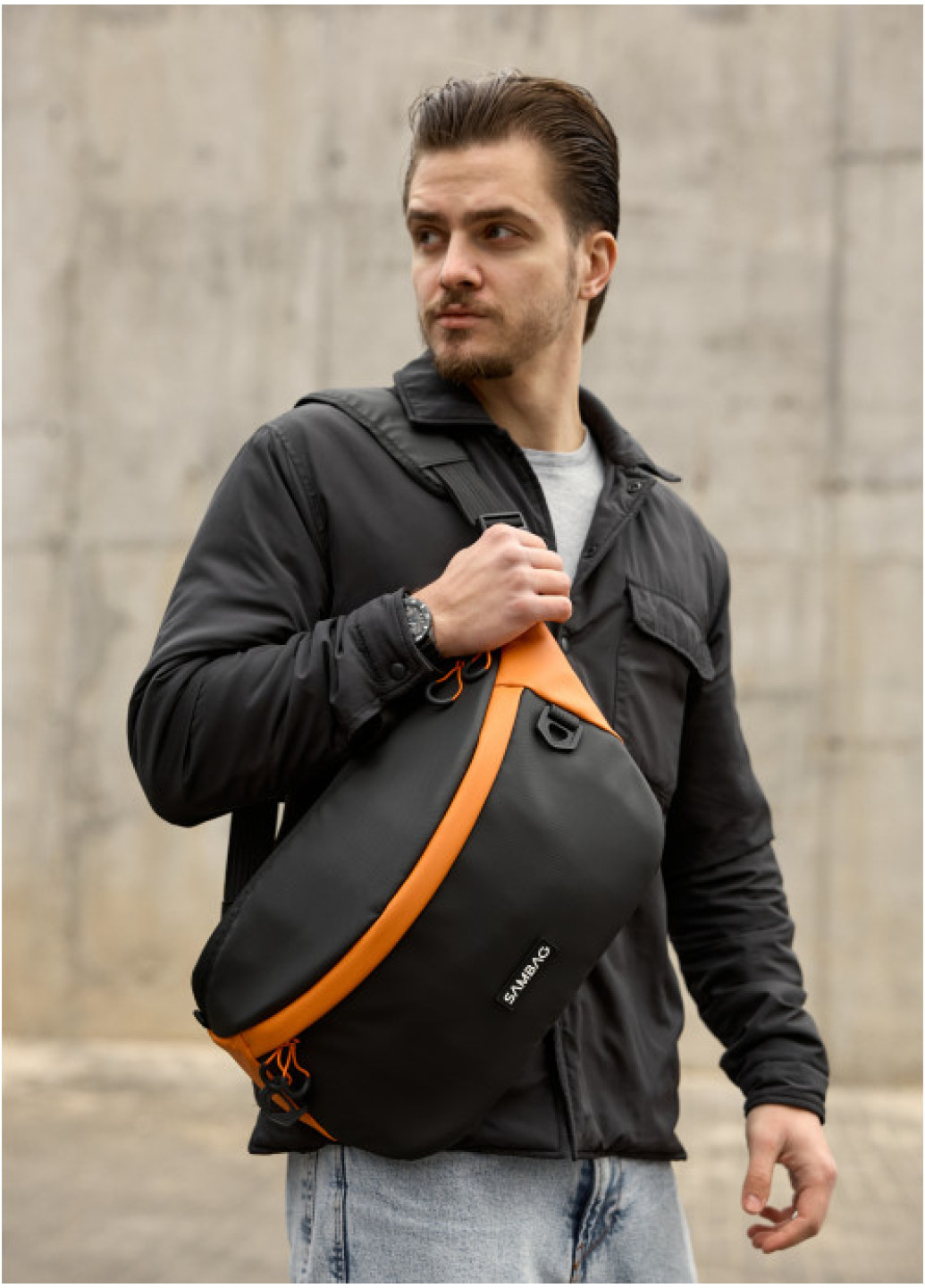 Чоловіча cумка-бананка під ноутбук Sambag Urban Laptop чорно-оранжева